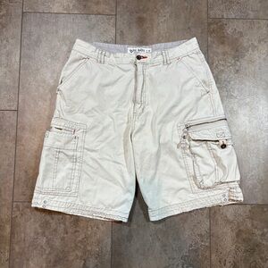 Vintage Y2K PLUGG Soul Surfing Distressed Baggy Cargo Cream Skater Shorts